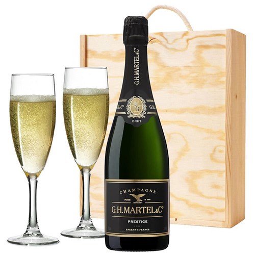 Martel Prestige Brut Champagne 75cl And Flutes In Pine Wooden Gift Box